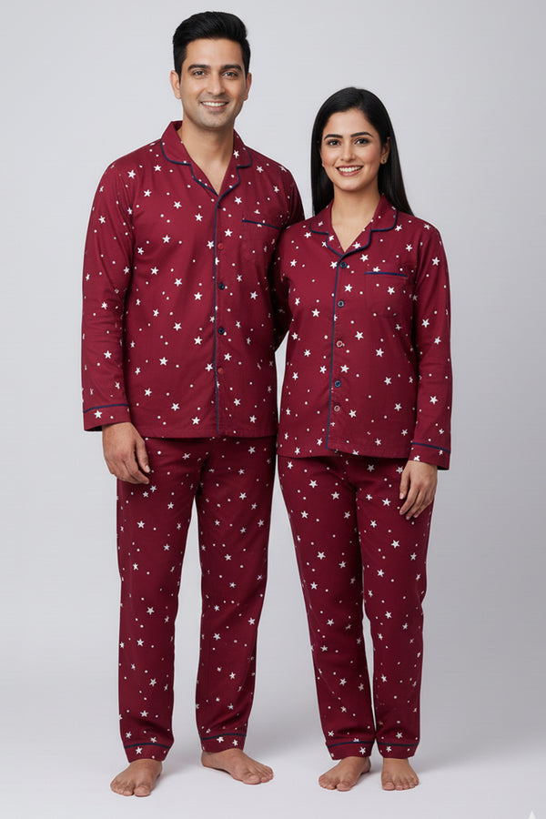 His & Her Maroon Starry Nights Pyjama Set