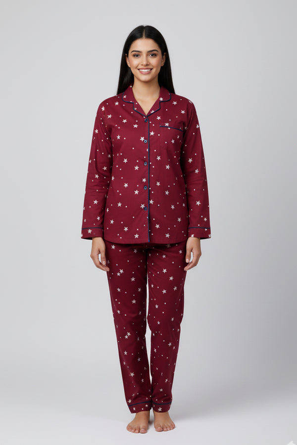 Maroon Starry Nights Women's Pyjama Set